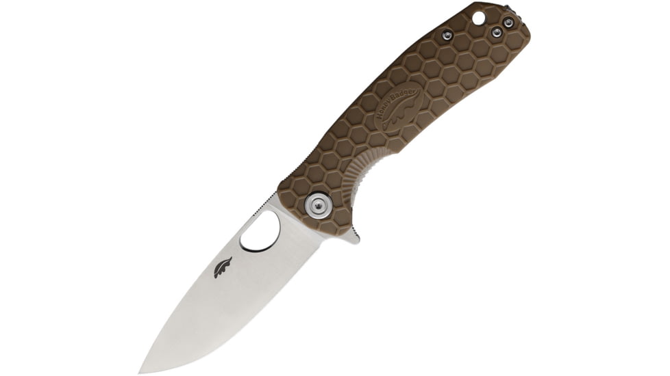 Honey Badger Knives Medium Linerlock Folding Knife, 3.13 satin finish D2 tool steel drop point blade, Tan textured GRN handle, HB1015