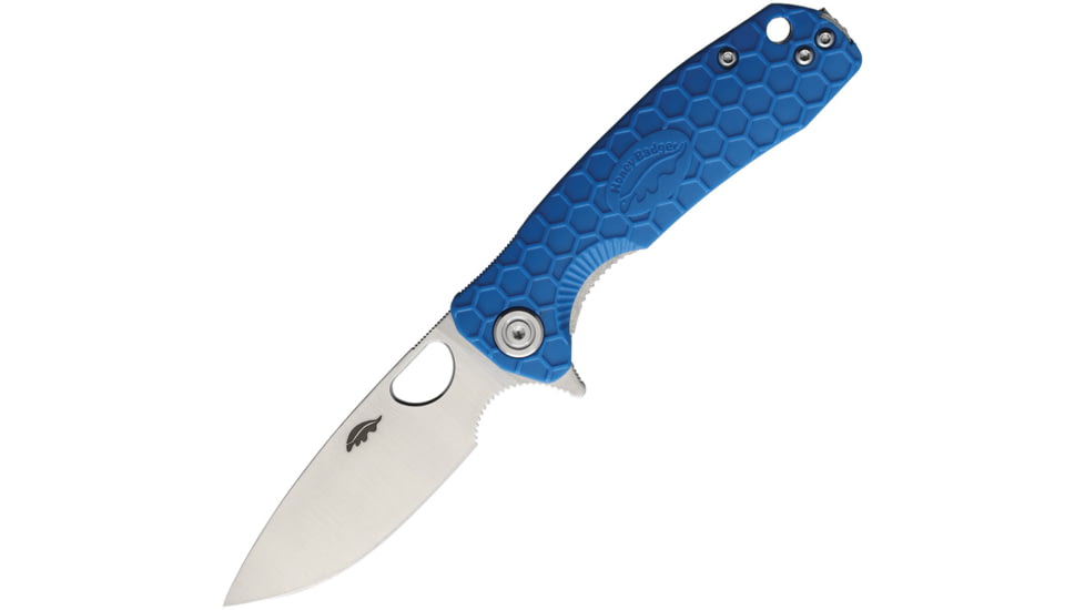 Honey Badger Knives Small Linerlock Folding Knife, 2.75 satin finish 8Cr13MoV stainless drop point b, Blue textured GRN handle, HB1024