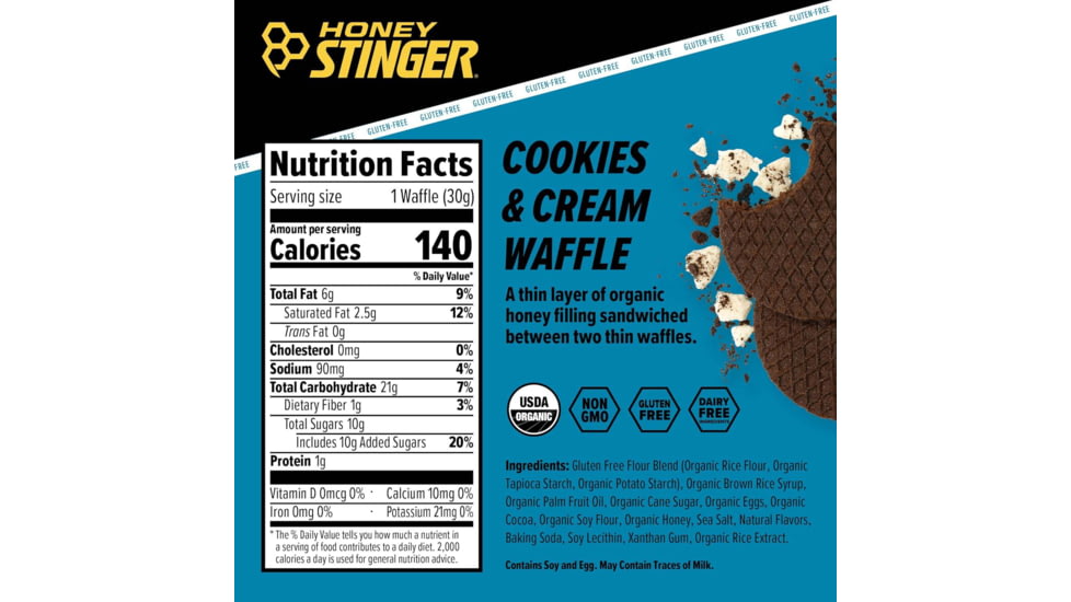 Honey Stinger Gluten Free Organic Waffle, Cookies &amp; Cream, 1 oz Pack, 76112