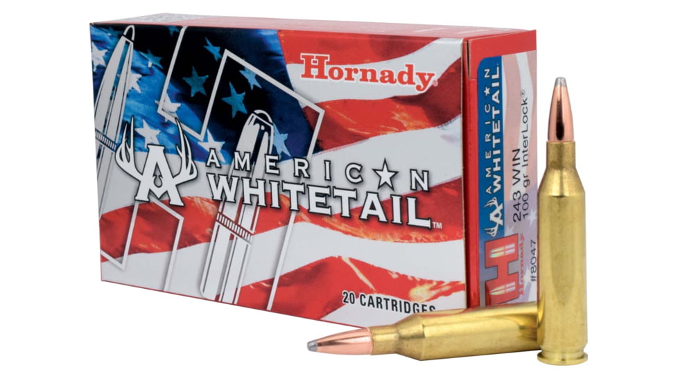 Hornady American Whitetail .243 Winchester 100 grain InterLock Boat-Tail SP Brass Cased Centerfire Rifle Ammo, 20 Rounds, 8047
