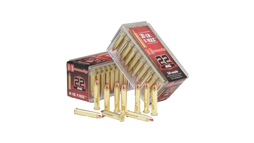 Hornady Varmint Express Rimfire .22 Winchester Magnum Rimfire 30 grain V-MAX Brass Cased Rimfire Ammo, 50 Rounds, 83202