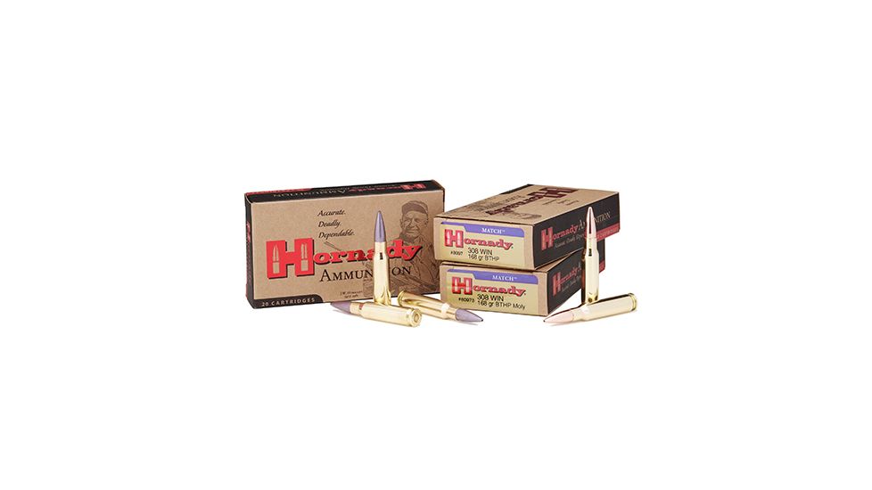 Hornady Match .308 Winchester 168 grain Boat-Tail Hollow Point Match Brass Cased Centerfire Rifle Ammo, 20 Rounds, 8097