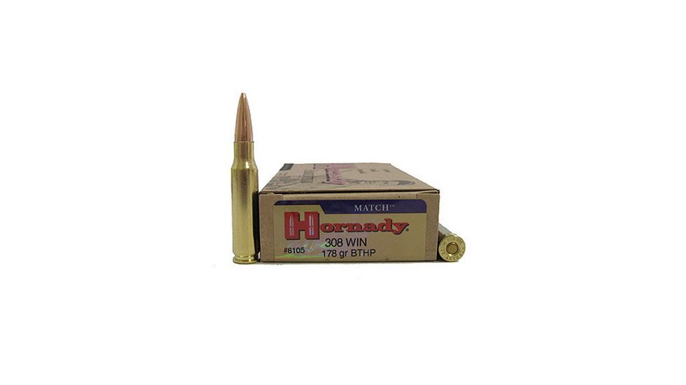 Hornady Match .308 Winchester 178 Grain Boat-Tail Hollow Point Match Centerfire Rifle Ammo, 20 Rounds, 8105