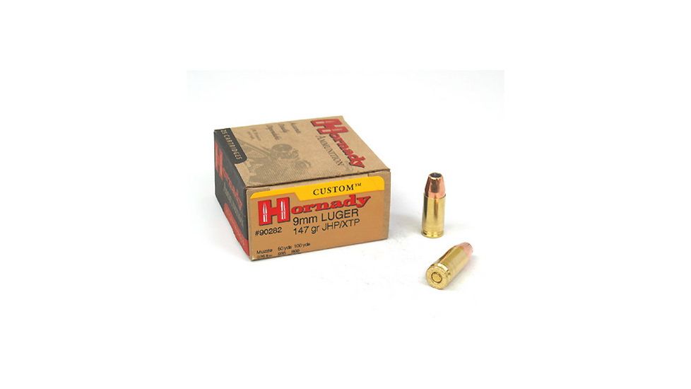 Hornady Custom 9 mm Luger 147 grain eXtreme Terminal Performance Brass Cased Centerfire Pistol Ammo, 25 Rounds, 90282