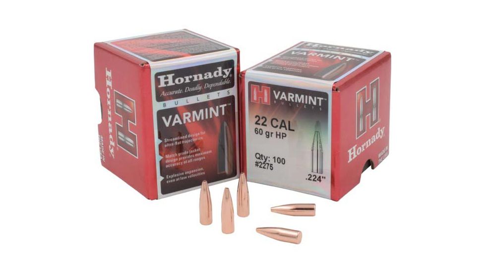 Hornady Bullets, .22 cal, 60 grain, Hollow Point, 0.224 inch Diameter, 100-Rounds, 2275