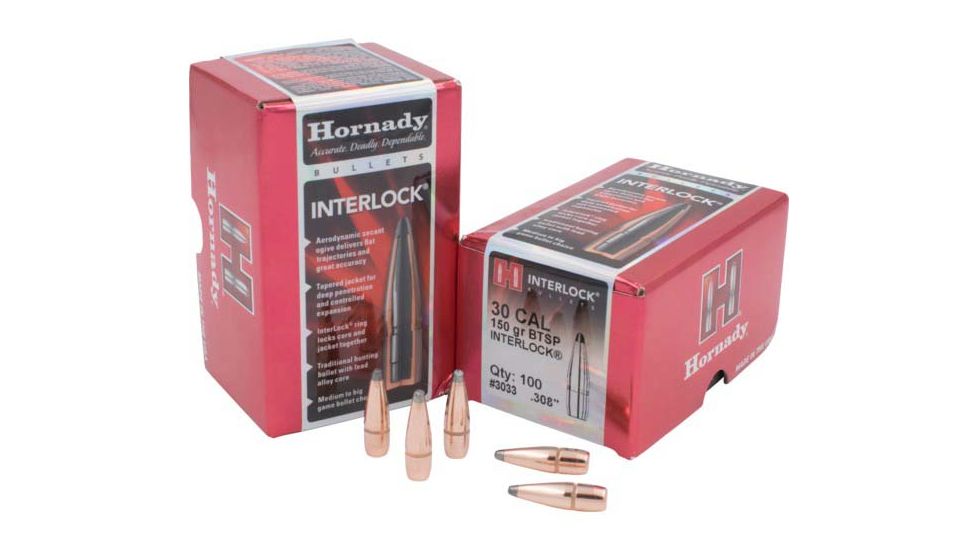 Hornady Bullets, .30 cal, 150 grain, Boat Tail Soft Point, 0.308 inch Diameter, 100-Rounds, 3033