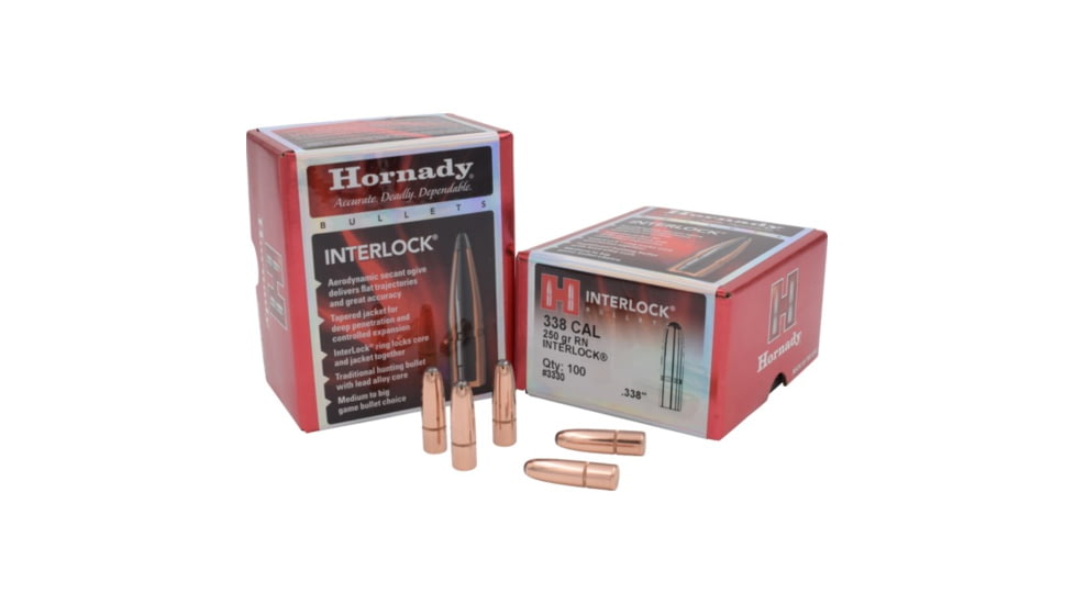 Hornady Interlock Traditional Rifle Bullets, 338 Cal .338 250 Gr RN Interlock, 3330