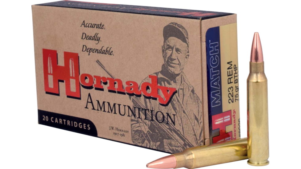 Hornady Match .223 Remington 75 grain Boat-Tail Hollow Point Match Brass Cased Centerfire Rifle Ammo, 20 Rounds, 8026