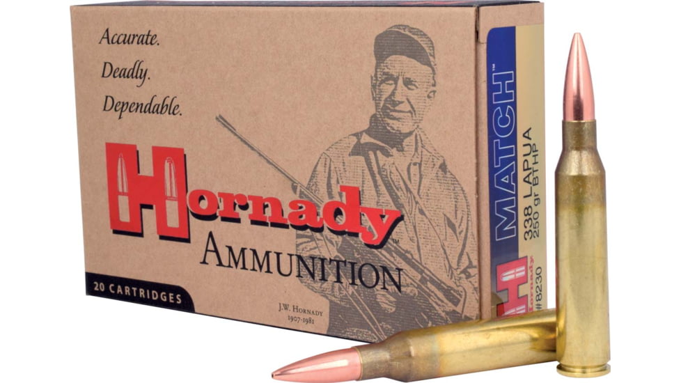 Hornady Match .338 Lapua Magnum 250 grain Boat-Tail Hollow Point Match Brass Cased Centerfire Rifle Ammo, 20 Rounds, 8230