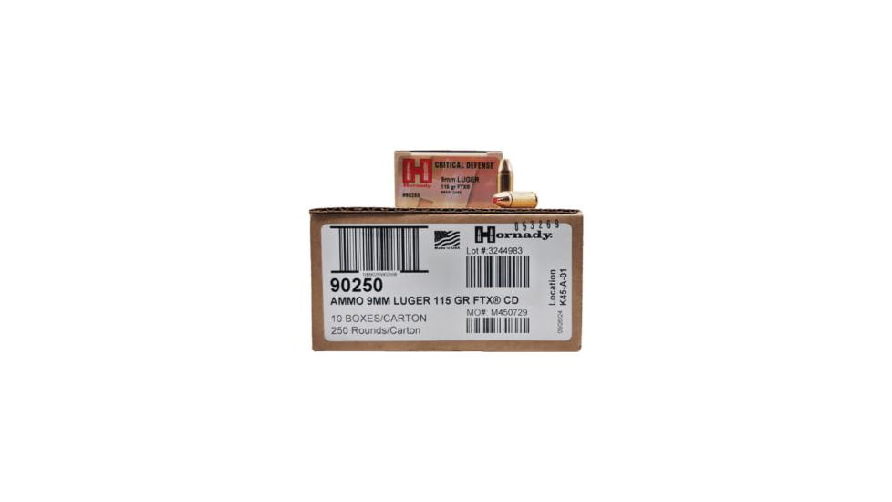 Hornady Mfg Hornady Critical Defense FTX Handgun Ammunition 9mm Luger 115gr PT 1140 fps 250/ct Case 10-25/ct Boxes, 90250 CASE