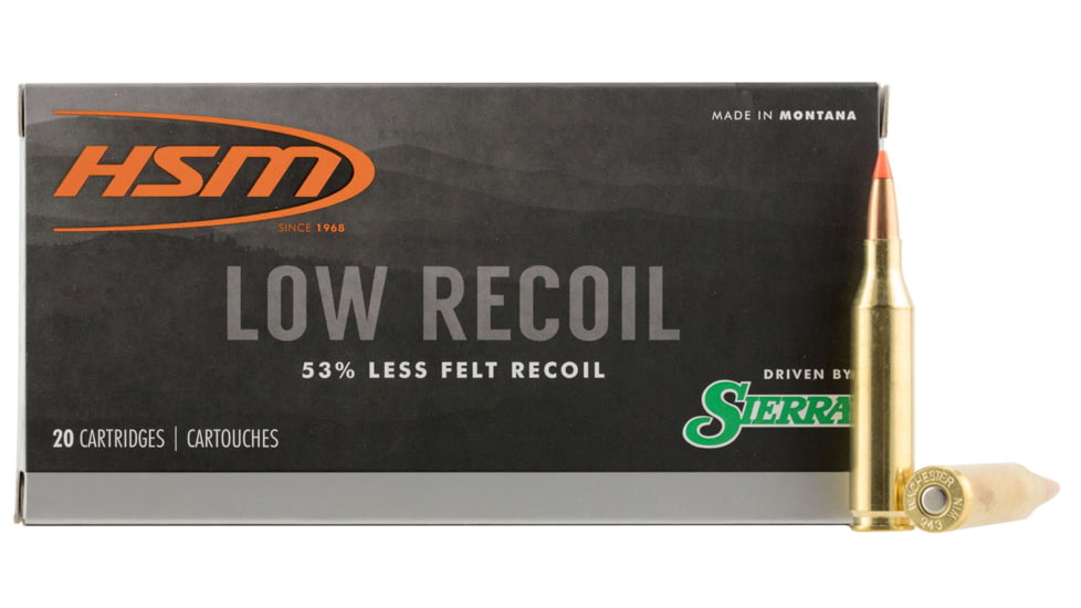 HSM Ammunition Low Recoil .243 Winchester 85 Grain Spitzer Brass Cased Rifle Ammo, 20 Rounds, 24318N