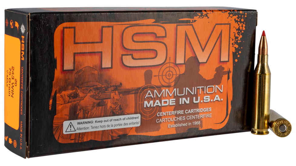 HSM Ammunition Varmint .243 Winchester 75 Grain Spitzer Brass Cased Rifle Ammo, 20 Rounds, 2432N