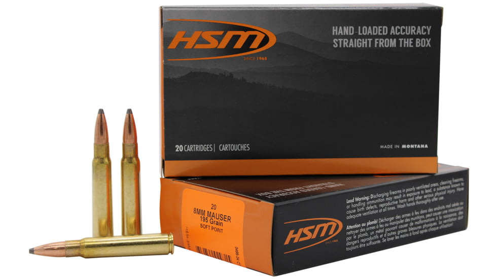 HSM Ammunition 8mm Mauser 195 Grain Jacketed Soft Point Brass Cased Rifle Ammo, 20 Rounds 20Bx/Cs, 8MAUSER5N