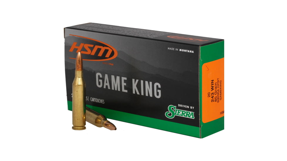 HSM Ammunition Game King .243 Winchester 85 Grain Sierra Gameking Brass Cased Centerfire Rifle Ammo, 20 Rounds, HSM-243-9-N