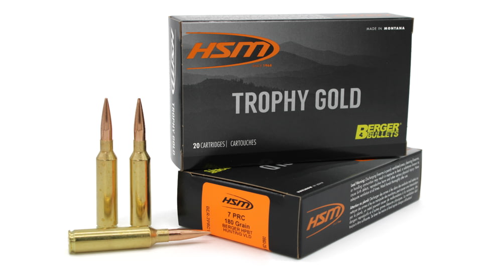 HSM Ammunition Trophy Gold 7mm PRC 180 Grain Berger Hunting VLD Match Brass Cased Rifle Ammunition, 20 Rounds, HSM-7PRC-180VLD