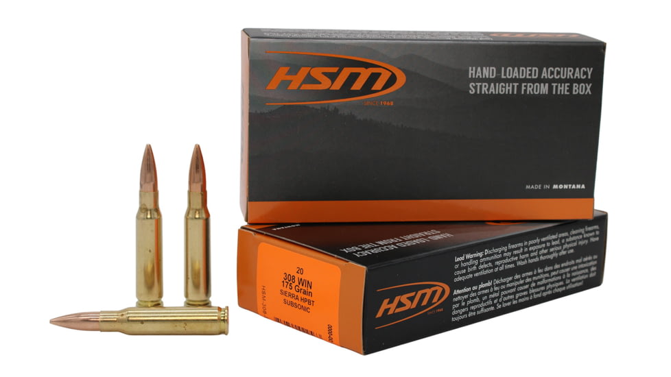 HSM Ammunition Subsonic .308 Winchester 175 Grain Boat Tail Hollow Point MatchKing Brass Cased Rifle Ammunition, 20 Rounds, HSM-308-5-N