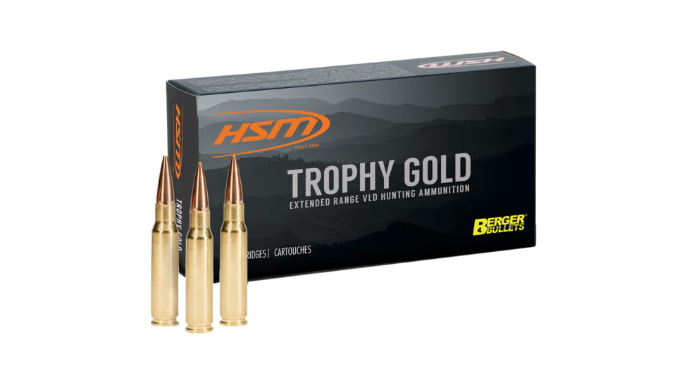 HSM Ammunition Trophy Gold .338 Winchester Magnum 250 Grain Berger VLD Brass Cased Centerfire Rifle Ammo, 20 Rounds, BER-338WM250OTM