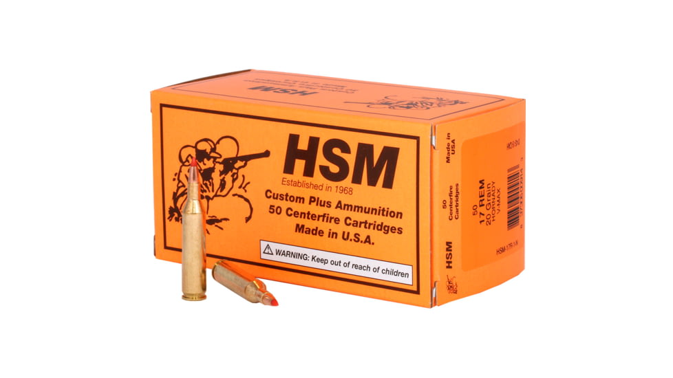 HSM Ammunition Varmint .17 Remington 20 Grain Hornady V-MAX Brass Cased Centerfire Rifle Ammo, 50 Rounds, HSM-17R-1-N