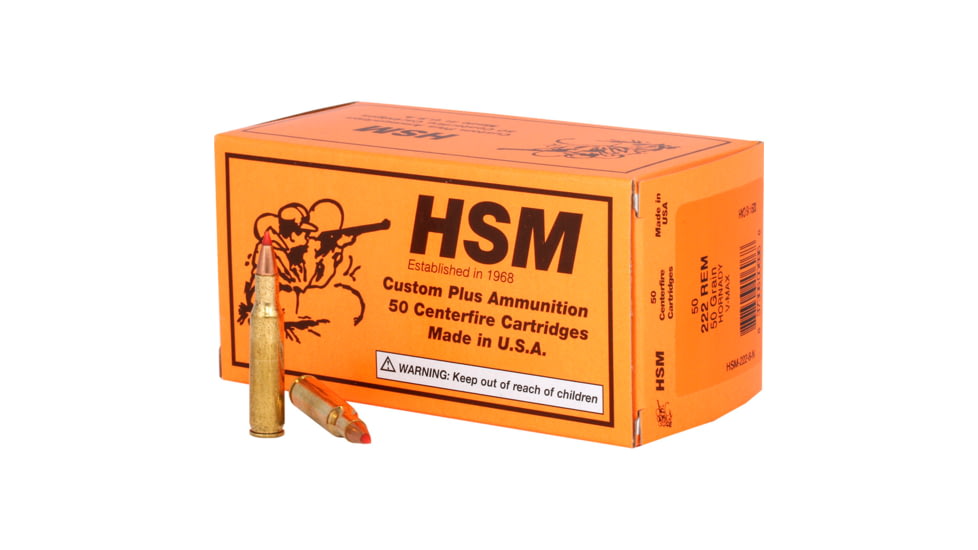 HSM Ammunition Varmint .222 Remington 50 Grain Hornady V-MAX Brass Cased Centerfire Rifle Ammo, 50 Rounds, HSM-222-8-N