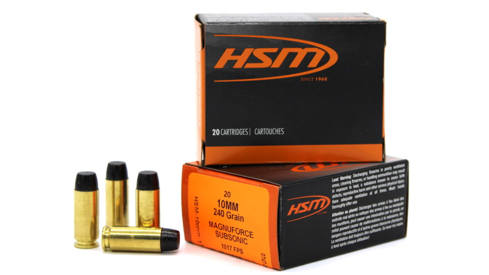 HSM Subsonic 10mm 240 Grain Hard Cast Lead Brass Cased Pistol Ammo, 20 Rounds, A10MM17N