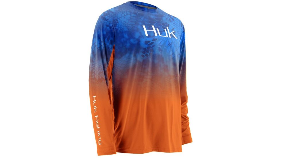 HUK Performance Fishing Men's Kryptek Fade Icon Long Sleeve Shirt, Kryptek Royal/Bright Orange, Medium H1200114-462-M