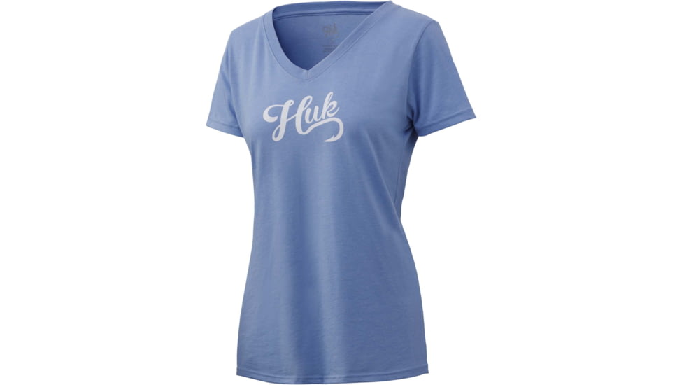 HUK Performance Fishing Script V-Neck Tee - Womens, Carolina Blue Heather, Large, H6100039-425-L