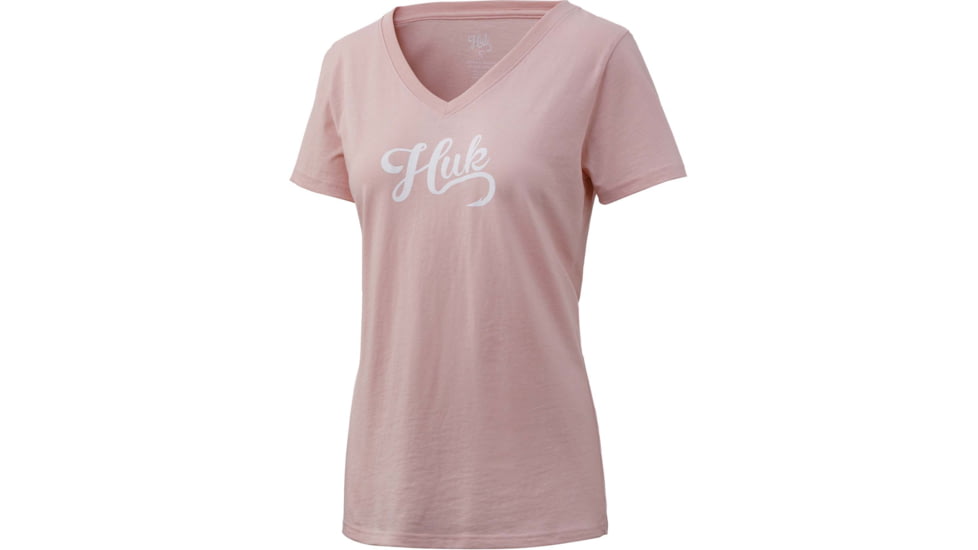 HUK Performance Fishing Script V-Neck Tee - Womens, Seashell Pink, Extra Small, H6100039-682-XS