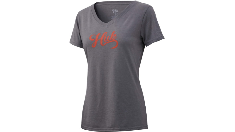 HUK Performance Fishing Script V-Neck Tee - Womens, Sharkskin Heather, Medium, H6100039-022-M