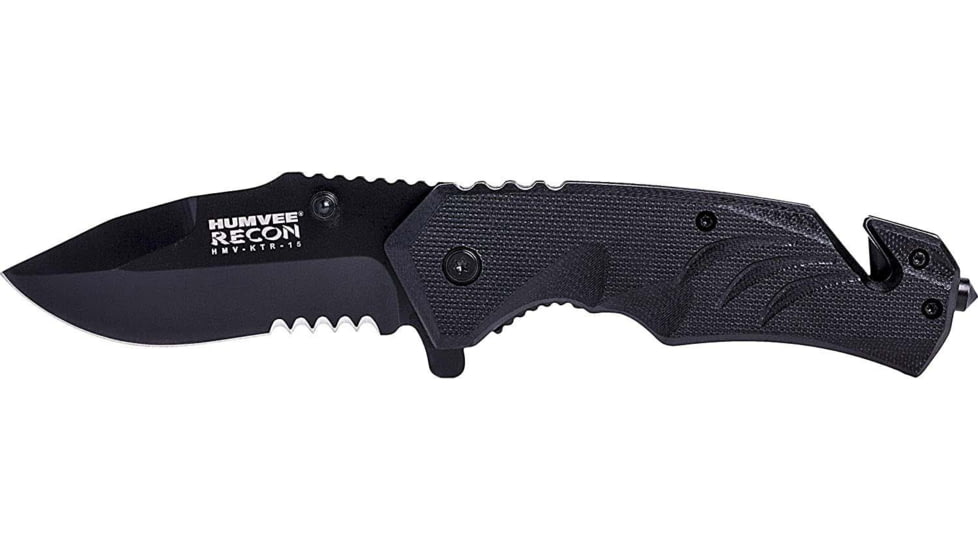 Campco Humvee Tactical Recon Fixed Blade Knife, 3in, Stainless Steel, Part Serrated Edge, Drop Point Blade, Black Textured Handle, HMVKTR15