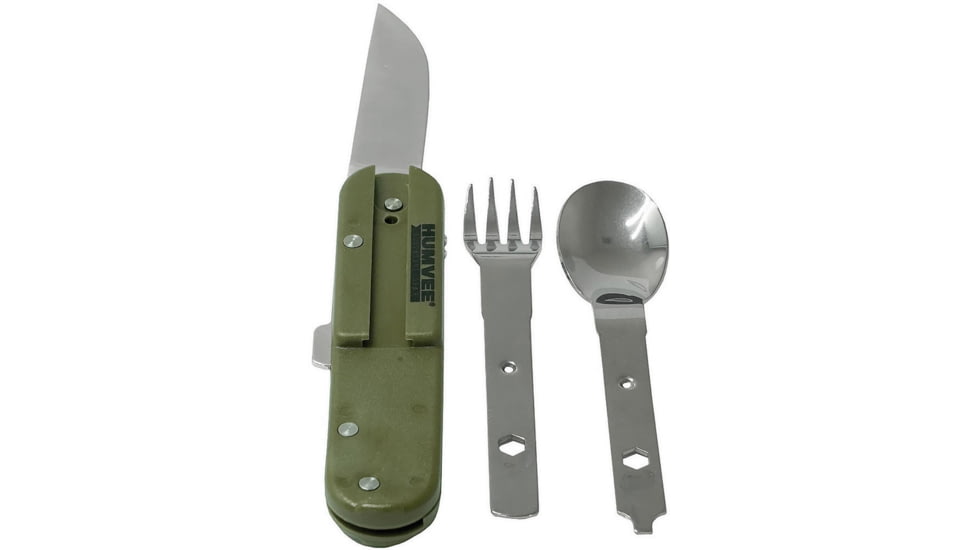 Humvee Camping Multi Tool Multi-Tools, Folding Knife, 5.5in Closed, OD Green Synthetic Handle, Large Blade L Corkscrew L Bottle Opener I Fork I Spoon, OD green, HMV-MT-3