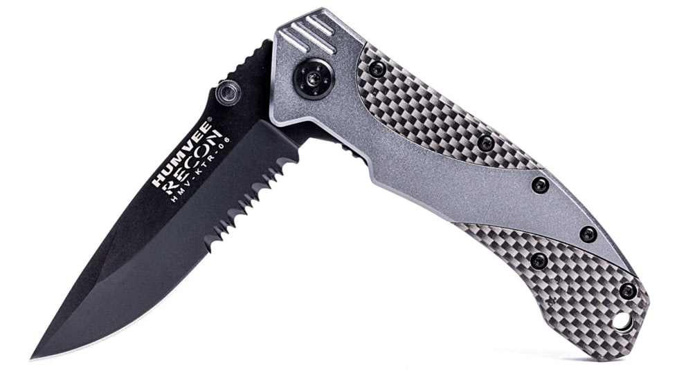 Humvee Recon Serrated Blade with Pocket Clip and Spring Assist, Black and Green Grey HMV-KTR-06