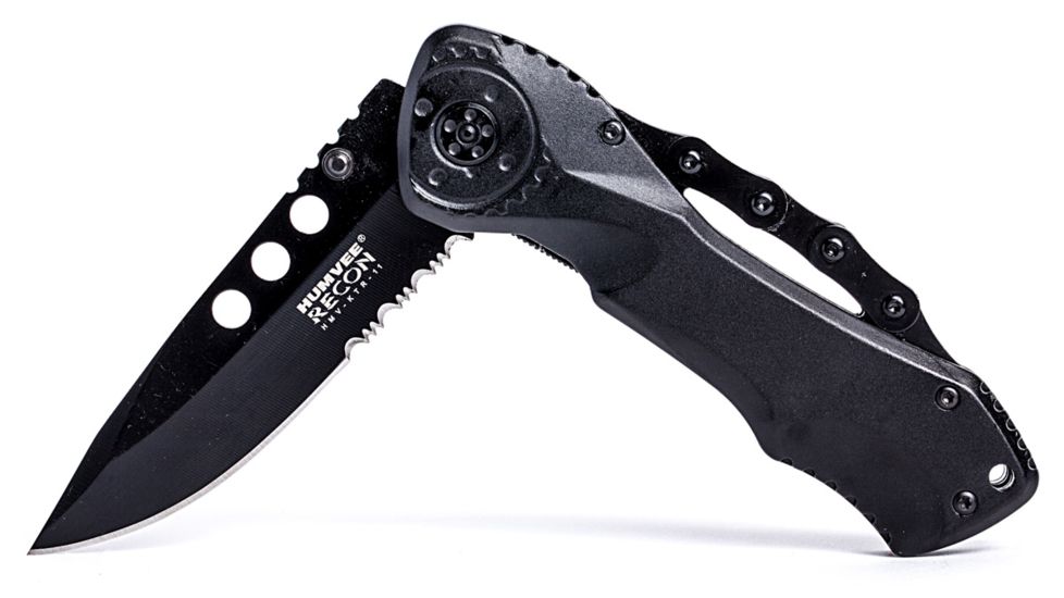 Humvee Recon Serrated Blade with Pocket Clip and Spring Assist, Black HMV-KTR-11