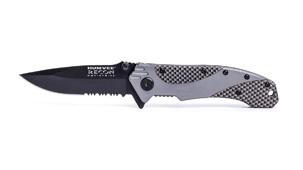 Humvee Recon Serrated Blade with Pocket Clip and Spring Assist, Black and Green Grey HMV-KTR-06