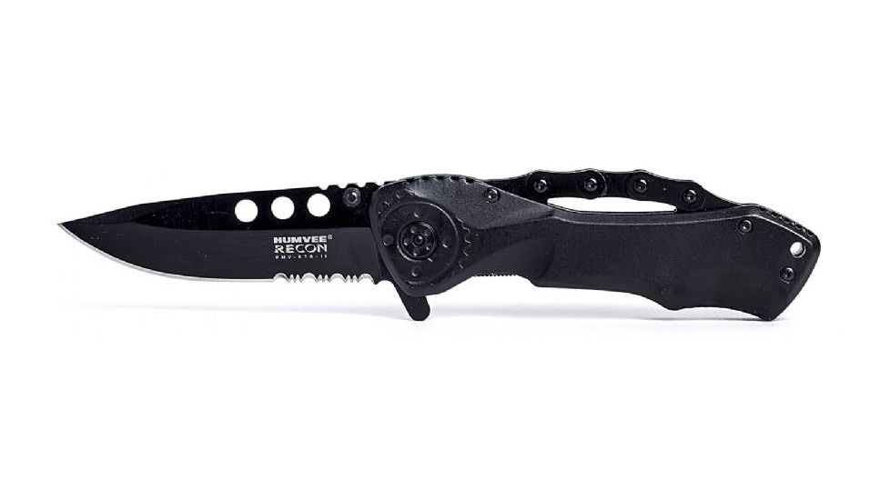 Humvee Recon Serrated Blade with Pocket Clip and Spring Assist, Black HMV-KTR-11