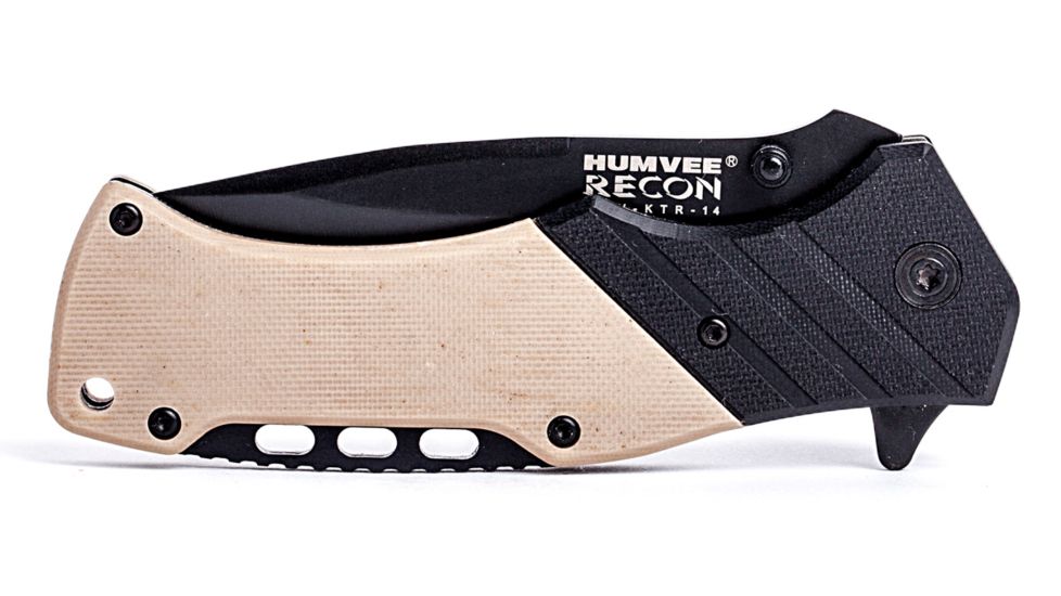Humvee Recon Serrated Blade with Thumb Stud, Black and Tan HMV-KTR-14