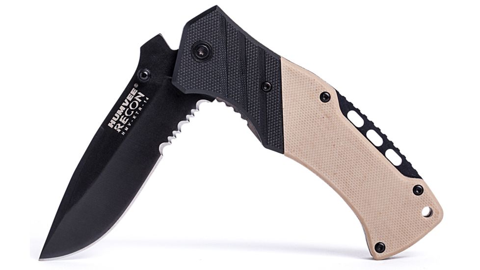 Humvee Recon Serrated Blade with Thumb Stud, Black and Tan HMV-KTR-14