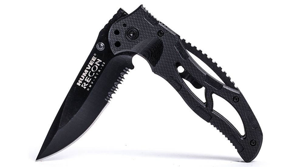 Humvee Recon Serrated Blade with Thumb Stud, Black HMV-KTR-03