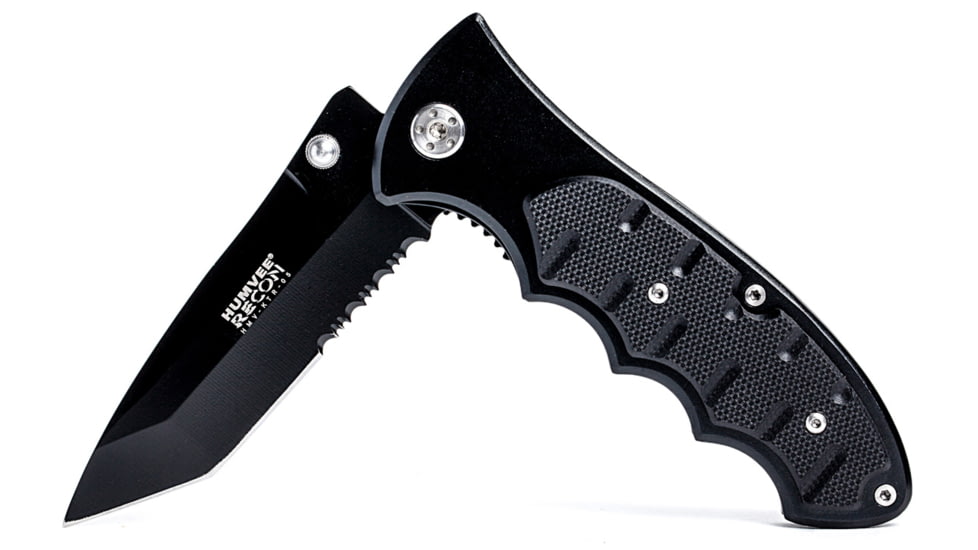 Humvee Recon Serrated Blade with Thumb Stud, Black HMV-KTR-05
