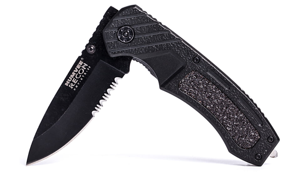 Humvee Recon Serrated Blade with Thumb Stud, Black HMV-KTR-09