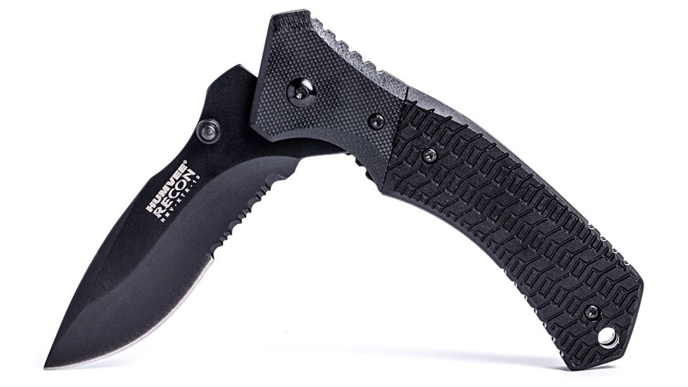 Humvee Recon Serrated Blade with Thumb Stud, Black HMV-KTR-10