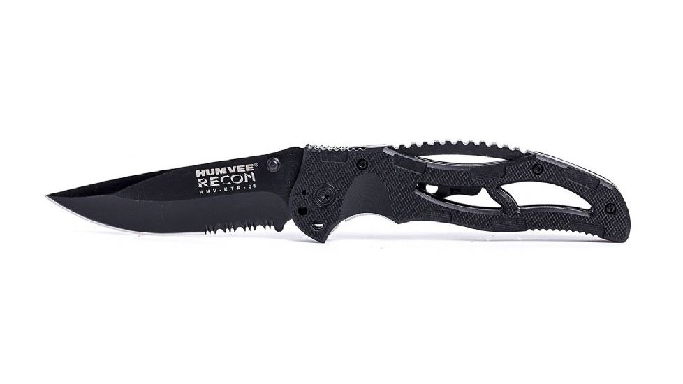 Humvee Recon Serrated Blade with Thumb Stud, Black HMV-KTR-03