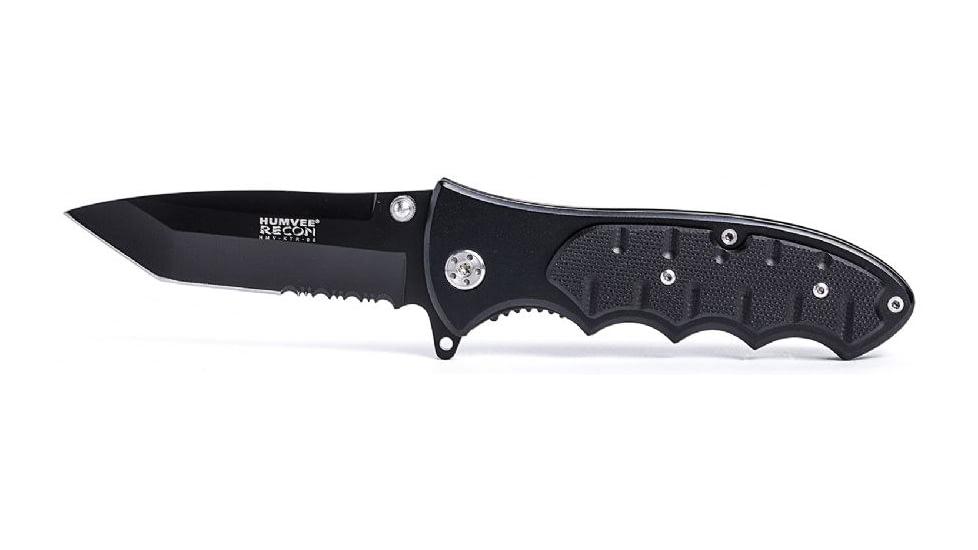 Humvee Recon Serrated Blade with Thumb Stud, Black HMV-KTR-05