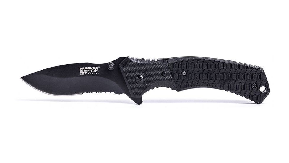 Humvee Recon Serrated Blade with Thumb Stud, Black HMV-KTR-10