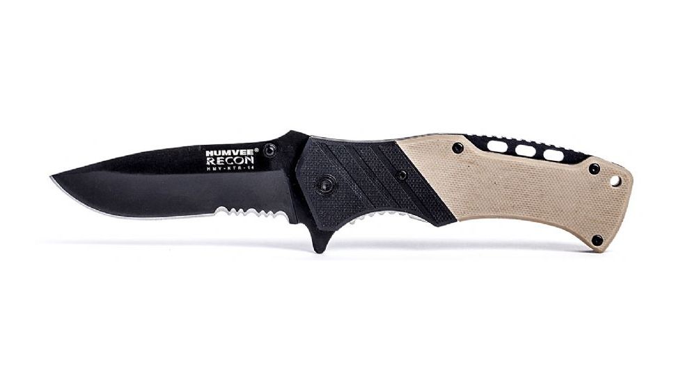 Humvee Recon Serrated Blade with Thumb Stud, Black and Tan HMV-KTR-14