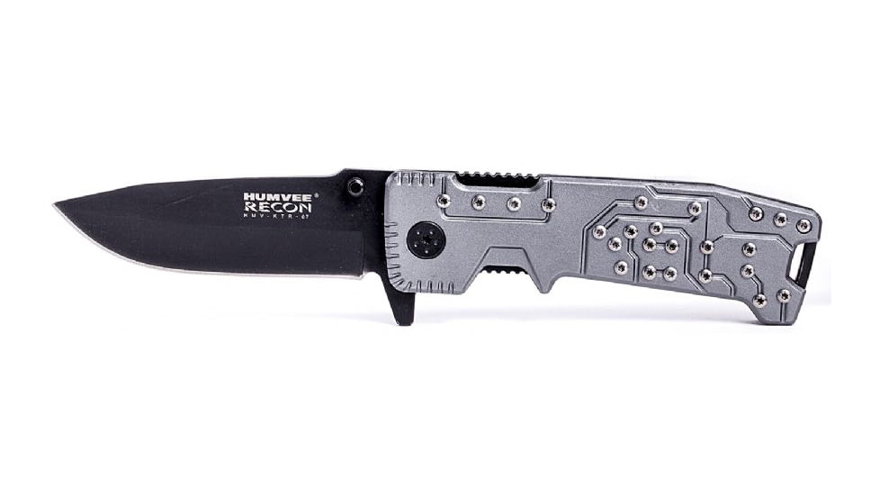 Humvee Recon Steel Blade with Pocket Clip and Spring Assist, Black and Green Grey HMV-KTR-07