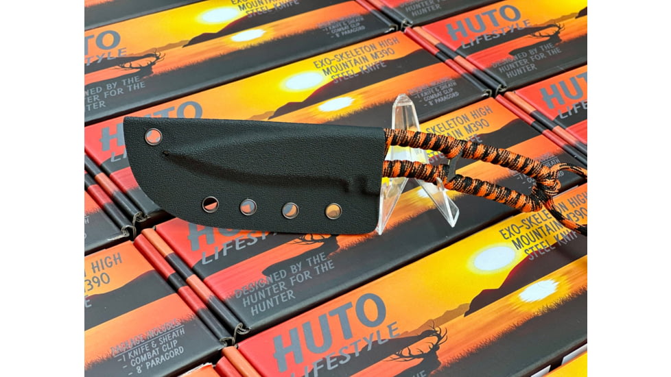 Huto Lifestyle EXO-Skeleton High Mountain M390 Steel 3.25in Fixed Blade Knife, Black Parkarized, Orange/Black, EXOSKTNHGHMTN390PO/B