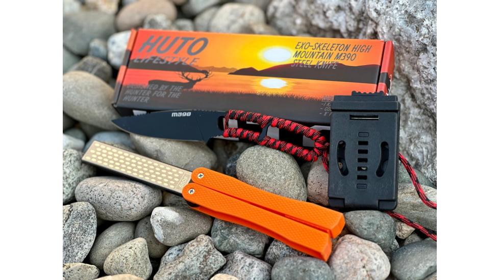 Huto Lifestyle EXO-Skeleton High Mountain M390 Steel 3.25in Fixed Blade Knife, Black Parkarized, Red/black, EXOSKTNHGHMTN390PR/B