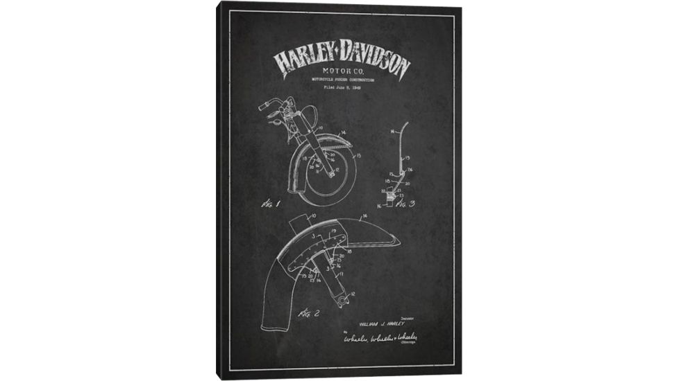 iCanvas Harley-Davidson Motorcycle Fender Patent Application Blueprint Charcoal by Aged Pixel Canvas Print, 18 x 12 ADP2470-1PC3-18x12