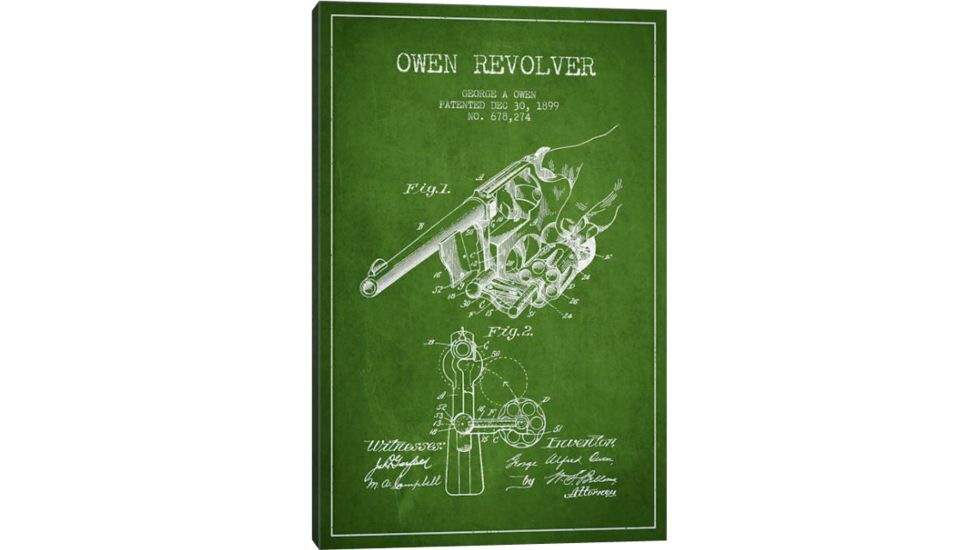 iCanvas Owen Revolver Green Patent Blueprint by Aged Pixel Canvas Print, 18 x 12 ADP1345-1PC3-18x12