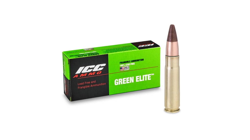 ICC Ammo Green Elite .300 BLK 108 Grain Frangible Partial Jacket Brass Rifle Ammo, 20 Rounds, 300BLK-108JPNT-B